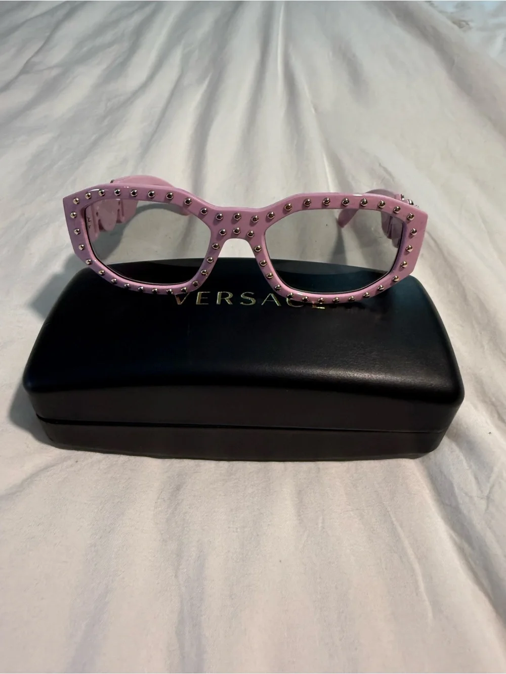 Versace Pink Studded Sunglasses with Gold Medallion